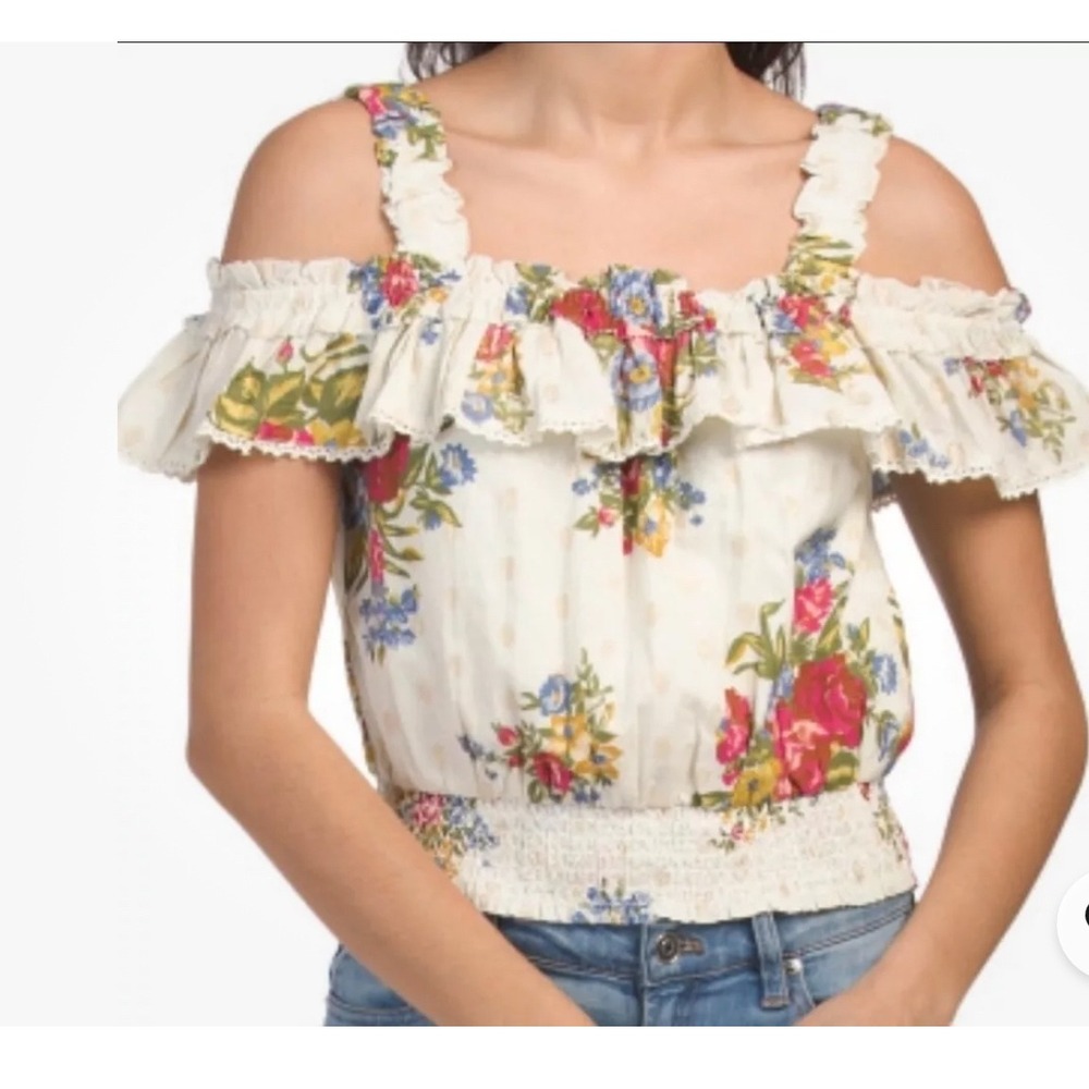 House Of Harlow 1960 Helena Ivory Floral Print Off Shoulder Crop Top Blouse‎ S